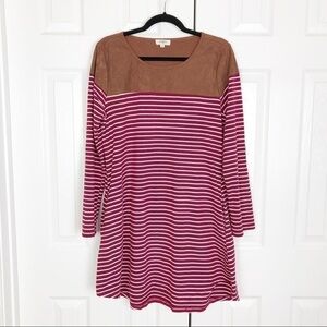 Umgee Striped Elbow Patch Long Sleeve Shirt Dress